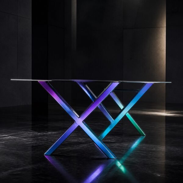 Tavolo X IVARZA in acciaio blu e viola con piano in vetro