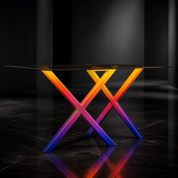 Tavolo X IVARZA in acciaio con finitura gradient multicolore e piano in vetro