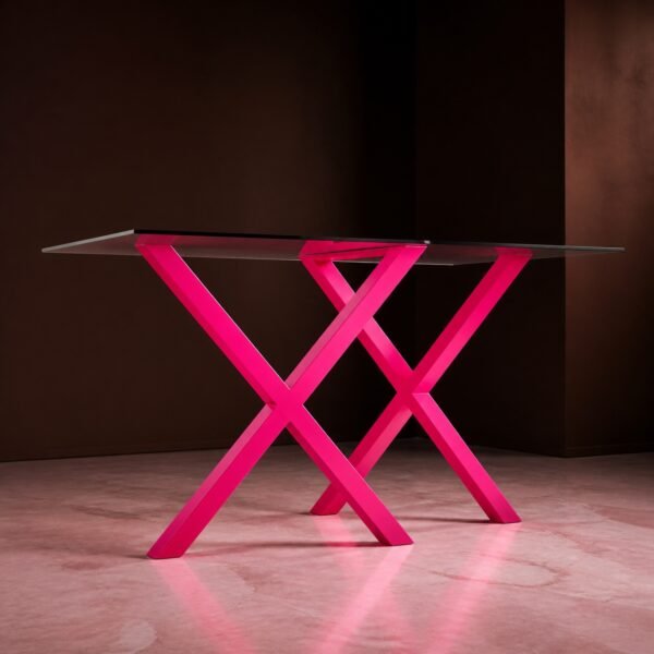 Tavolo X IVARZA in acciaio rosa fucsia con piano in vetro