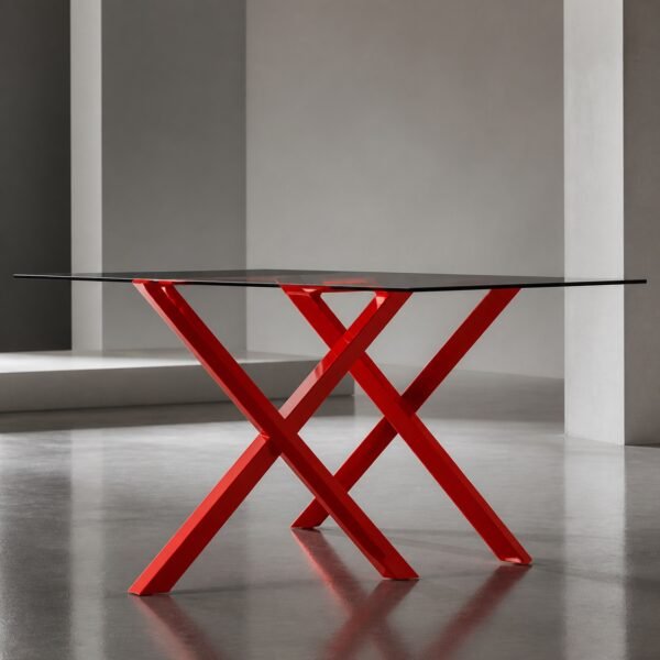 Tavolo X IVARZA in acciaio rosso con piano in vetro
