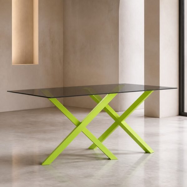 Tavolo X IVARZA in acciaio verde lime con piano in vetro