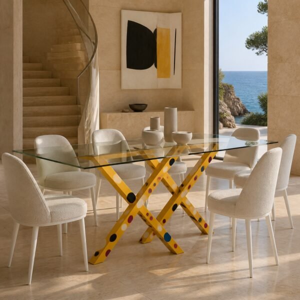 Tavolo X IVARZA giallo con pois multicolore in una villa mediterranea